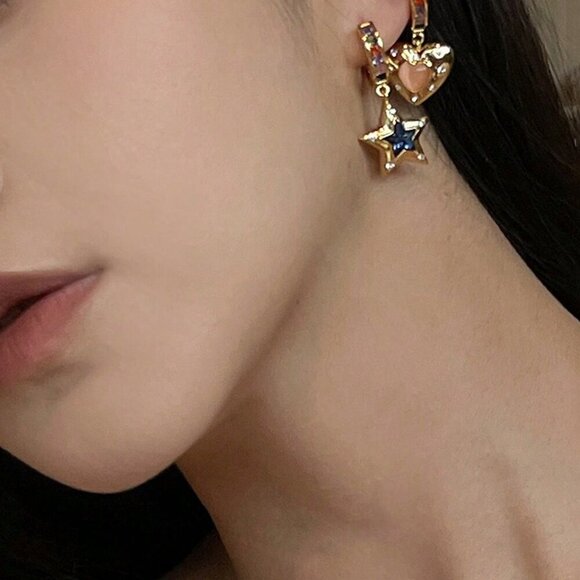 Multicolor Elegant Womens Cat Eye Stone Asymmetrical Star Shaped Pendant Earring - Picture 3 of 3